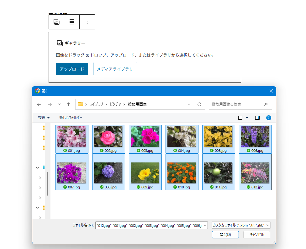 ギャラリーブロックでのファイルの選択。